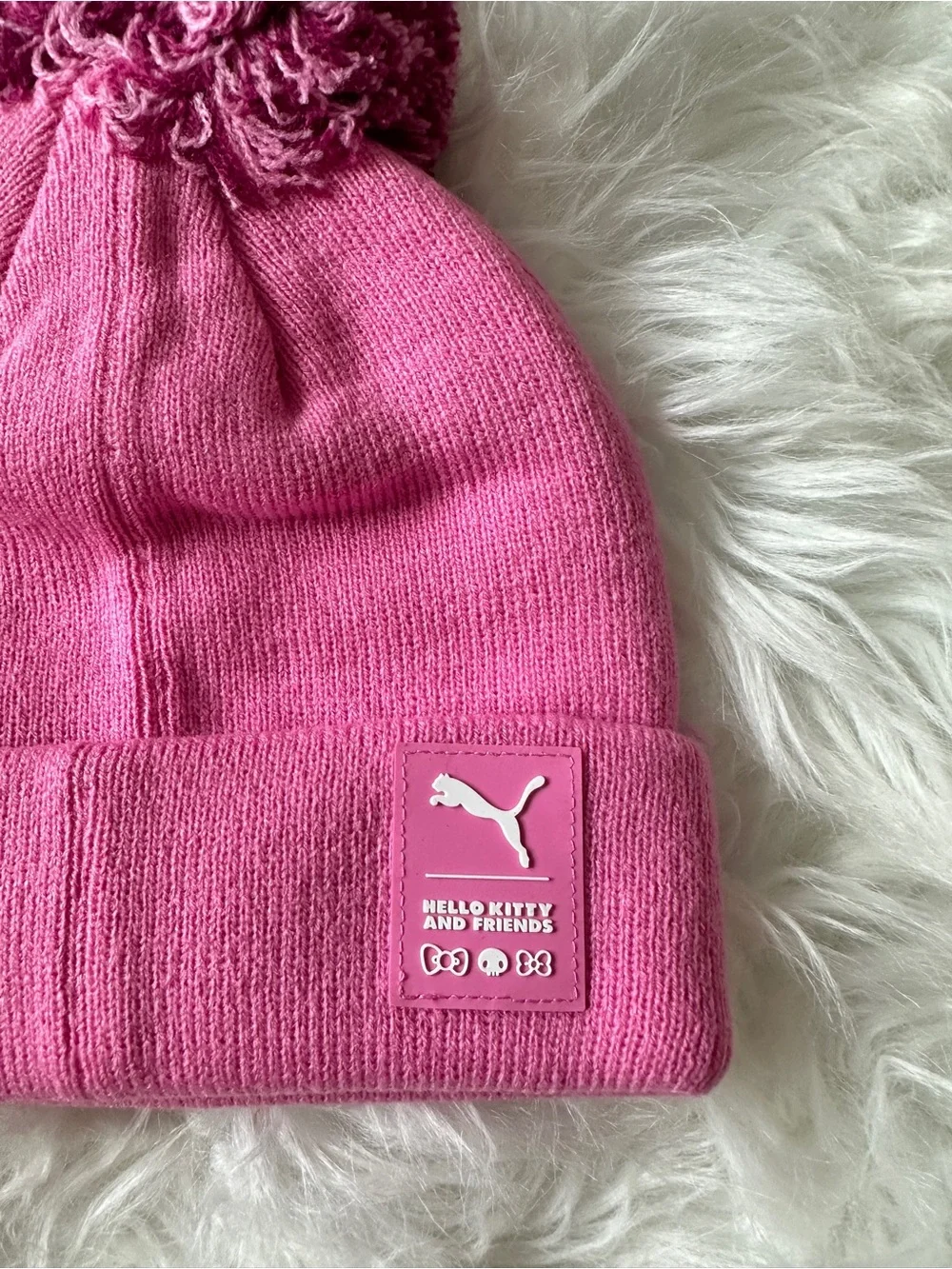 Puma Kids Pink Pom Beanie with Hello Kitty Patch